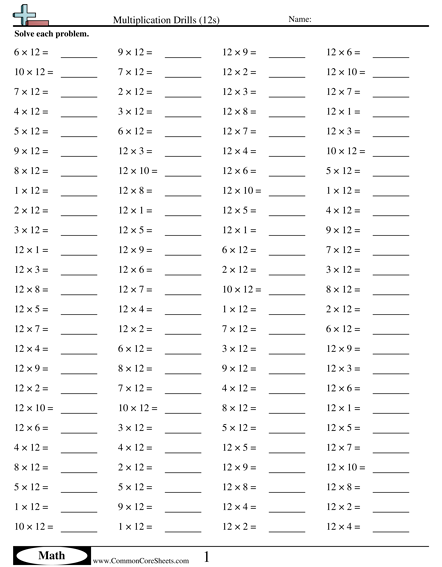 Math Drills Worksheets - 12s (horizontal) worksheet